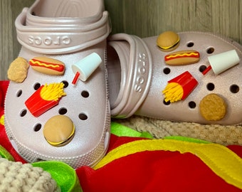 Fast Food Fun Shoe Charms | Pack of 10 | Mini Chicken Nugget, Cheeseburger, Hotdog, French Fries + Drink| Custom 3D-printed Shoe Accessories