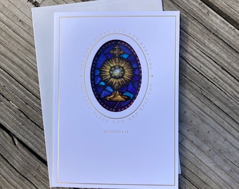 First Communion Monstrance, stained glass sun-catcher greeting card.