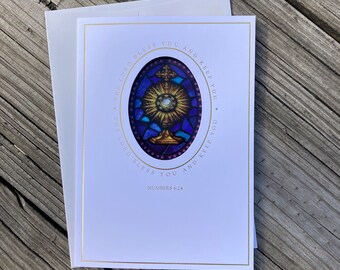 First Communion Monstrance, stained glass sun-catcher greeting card.