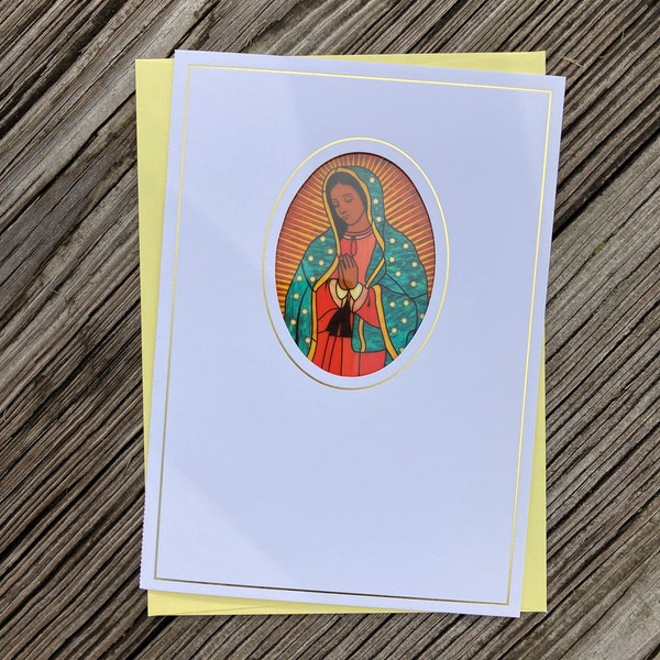 Our Lady of Guadalupe stained glass sun-catcher greeting card 5 x 7", Catholic Mothers's Day, Get Well, Birthday card.