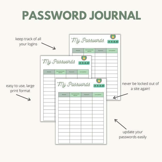 Digital Printable Password Journal Password Tracker A4 - Etsy