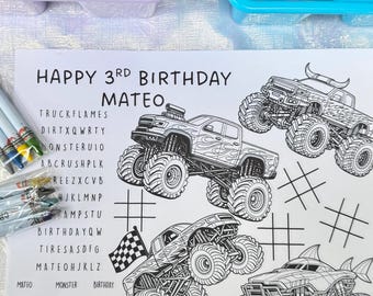 Personalized monster truck coloring sheet party favors, birthday party favors with name, age and crayons