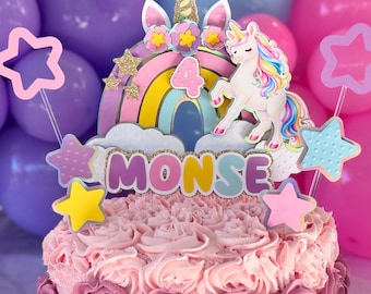 Personalized Unicorn birthday cake topper decoration, pastel rainbow unicorn with name and age