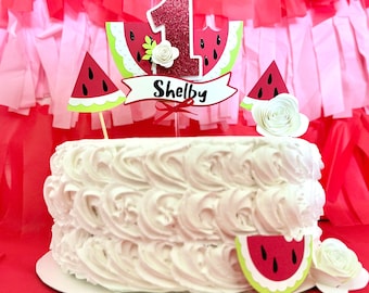 Personalized watermelon cake topper, one in a melon, red, pink, birthday party supplies, cake decorations