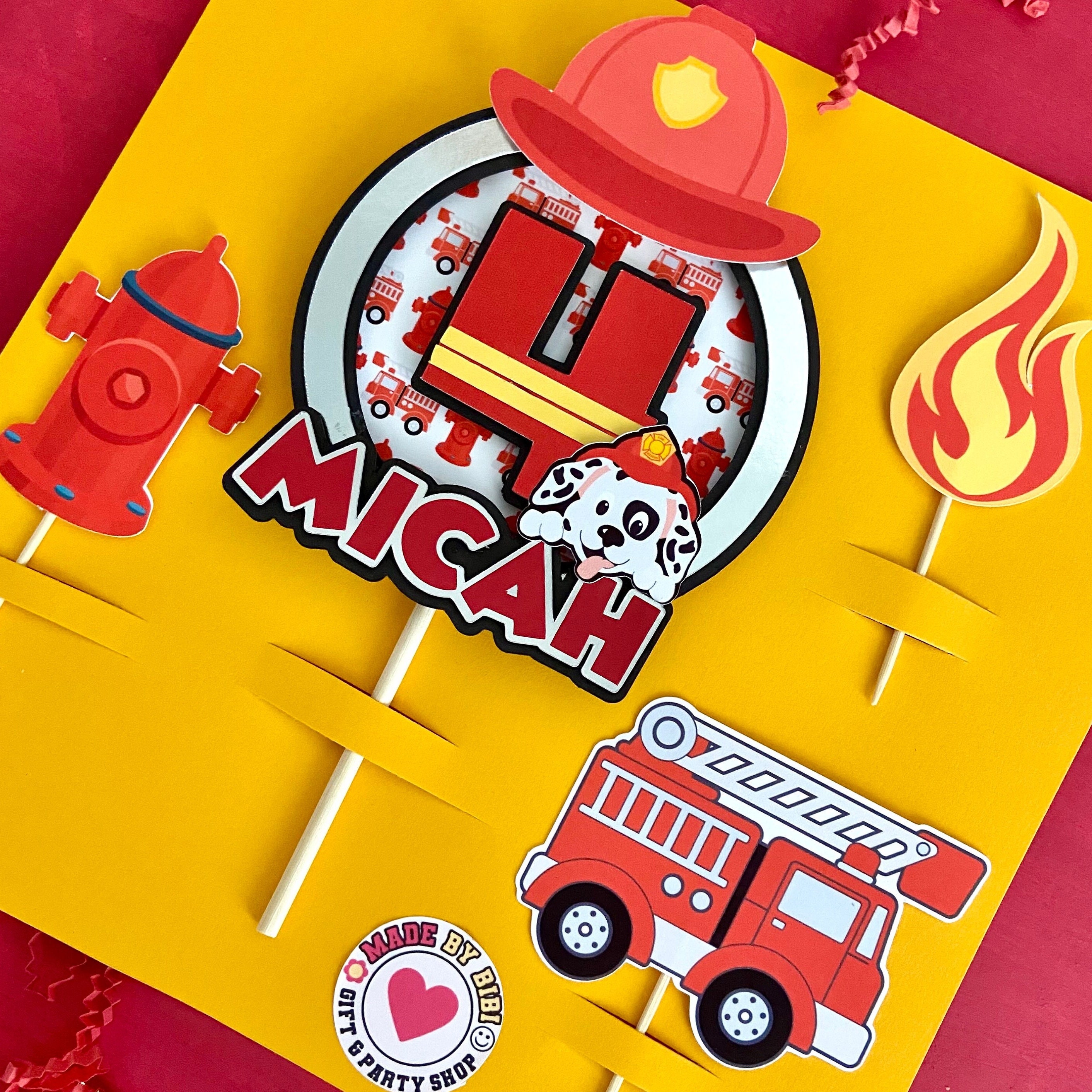 Personalized fire truck cake topper fireman topper fire engine cake topper fire truck birthday decorations fire truck cupcake
