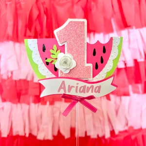 Personalized watermelon cake topper, with name, birthday Party decorations, one in a melon, pink, red, cupcake toppers