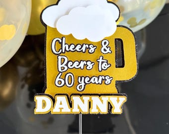Personalized 60th Birthday Cake Topper – Cheers & Beers, Gold Glitter