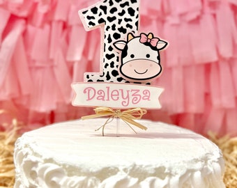 Personalized Pink Cow Cake Topper, Farm Birthday Party Decor with Barn & Animals