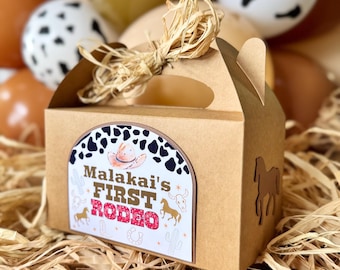 Personalized cowboy party favor boxes, western theme birthday decorations with name and age