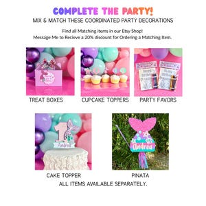 May include: A collection of mermaid-themed party decorations including pink treat boxes, cupcake toppers, party favor bags with crayons, a cake topper with the name Andrea, and a mermaid tail pinata. Text reads: COMPLETE THE PARTY!