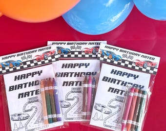 Personalized race car party favor coloring books for birthday party:custom name, crayons included