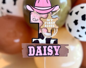 Personalized pink cowgirl cake topper, cow print, birthday decorations, my first rodeo for girl