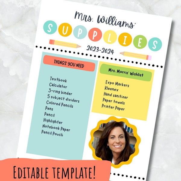 Editable School Supply List *Digital Download* | Classroom | Elementary School | High School | Middle School | School Supplies