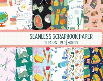 Puede incluir: Doce diseños digitales de papel para scrapbooking con temática de regreso a clases. Los diseños incluyen una variedad de útiles escolares, como lápices, borradores, reglas y mochilas. Los colores son brillantes y alegres, y los diseños son perfectos para crear manualidades y proyectos con temática escolar.