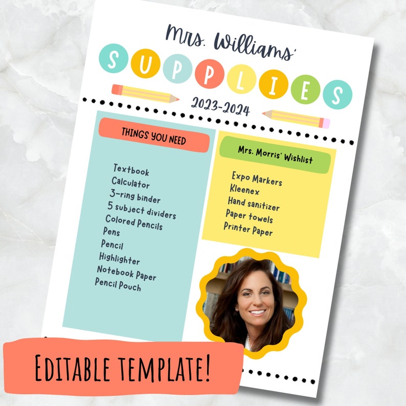 Editable School Supply List digital Download Classroom Elementary