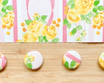 Vintage Wrapping Paper 1" Magnet - Pink Ribbons/Yellow Flowers