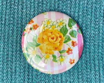 Vintage Wrapping Paper Pocket Mirror - Pink Ribbons/Yellow Flowers