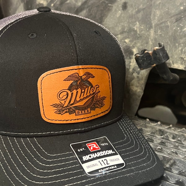 Beer trucker hat, Richardson 112 Custom, Personalized Leather, Custom trucker cap, leather patch, beer Logo patch hats, beer drinker gift