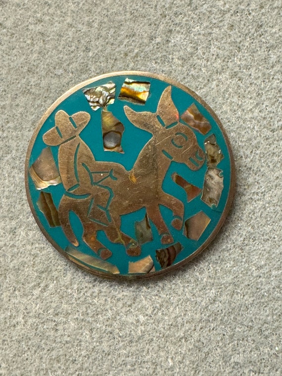 Vintage Turquoise enamel and shell inlay pin. Bur… - image 1