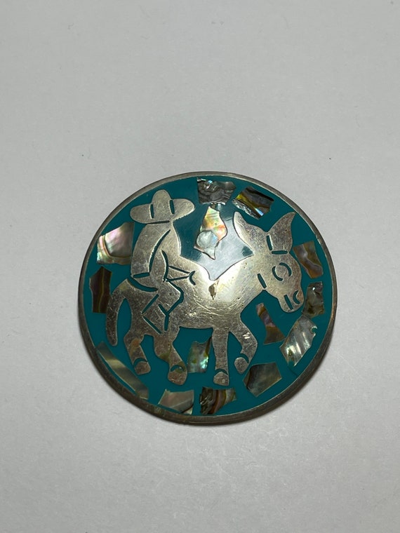 Vintage Turquoise enamel and shell inlay pin. Bur… - image 2