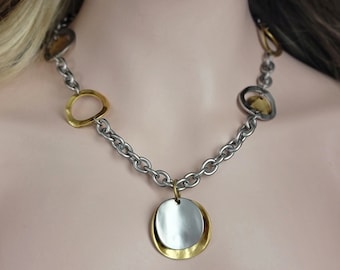 Premier Designs Two-Tone Disc Pendant Necklace | Vintage Adjustable Chain