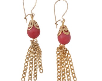 Carol-Jane Creations Red Bead Fringe Dangle Earrings | 2.25 inches | Pierced Tassel Earrings | Gold Tone Chain | 14K RGP Wire | Vintage