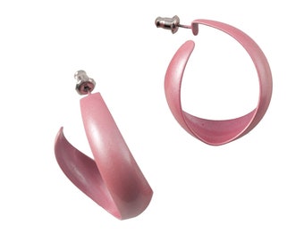 Curved Light Fuchsia Pink Hoop Earrings Pierced | Twisted Retro Enamel Hoops | 1 Inch | Vintage