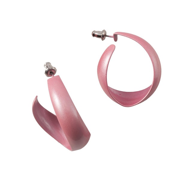 Curved Light Fuchsia Pink Hoop Earrings Pierced | Twisted Retro Enamel Hoops | 1 Inch | Vintage