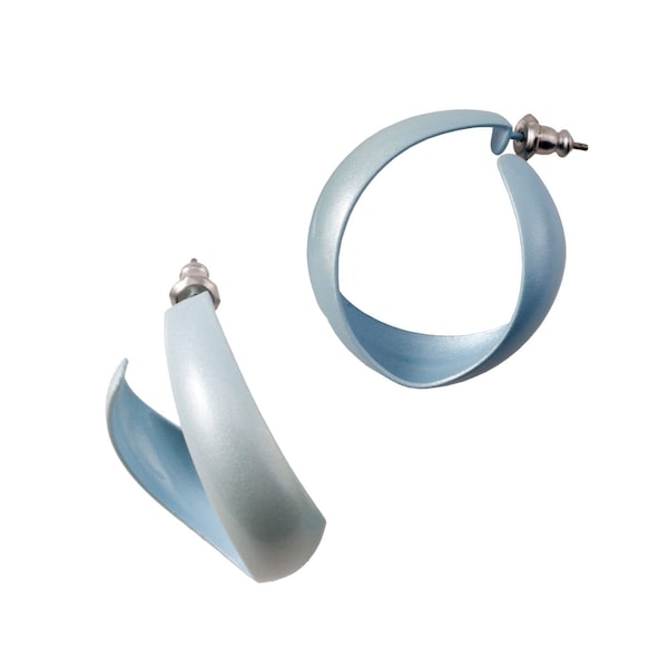 Curved Light Pastel Blue Hoop Earrings Pierced | Twisted Retro Enamel Hoops | 1 Inch | Vintage