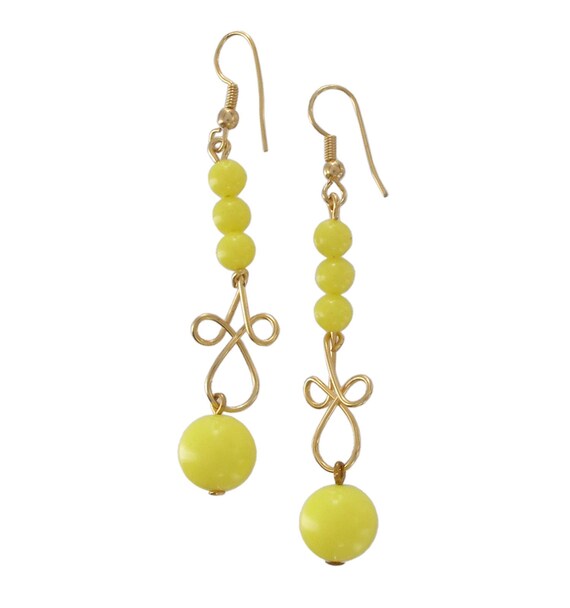 Yellow Beaded Long Dangle Drop Earrings Pierced | 