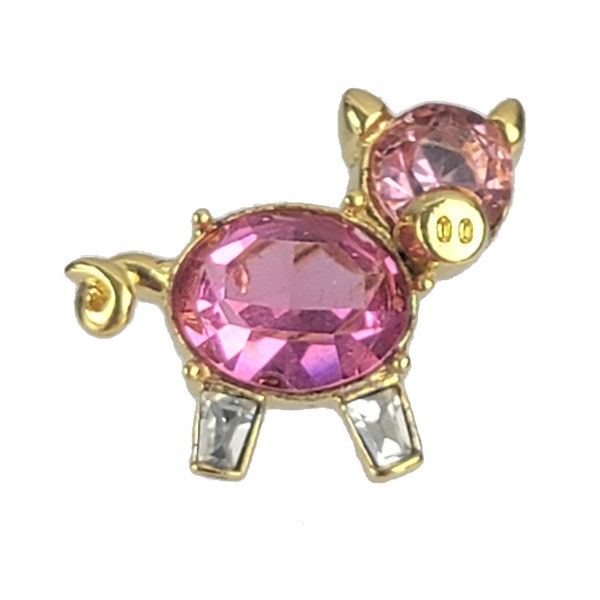Joan Rivers Signed Cute Tiny Bejeweled Crystal Pink Pig Pin | Small Animal Brooch | Gold Tone | Vintage