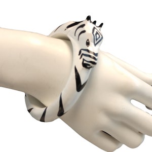 Black And White Animal Zebra Bangle Bracelet | Hand Painted Genuine Wood | Womens Standard Size | Vintage 1980s