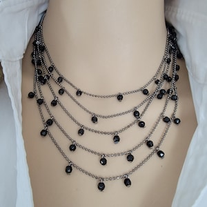 Premier Designs Black Bead Layered Necklace | Multi Strand Beaded Gunmetal Ball Chain Necklace | 17 inches | Vintage Jewelry