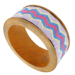 Natural Wood Bulky Bangle | Blue Pink White Purple Embroidered Chevron Bracelet | Standard Womens Size | Vintage