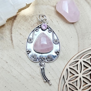 Boho style pendant in silver with rose quartz and kunzite + chain included, handmade jewelry - Unique piece - gift idea for women