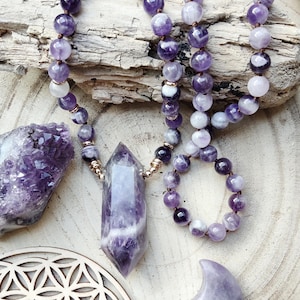 Boho pearl necklace with double amethyst pendant, natural stones, original jewelry, handmade, gift idea