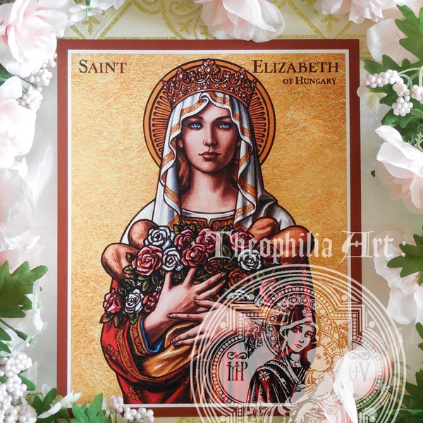 Saint Elizabeth of Hungary icon - Theophilia Catholic art print artwork - medieval princess Franciscan roses