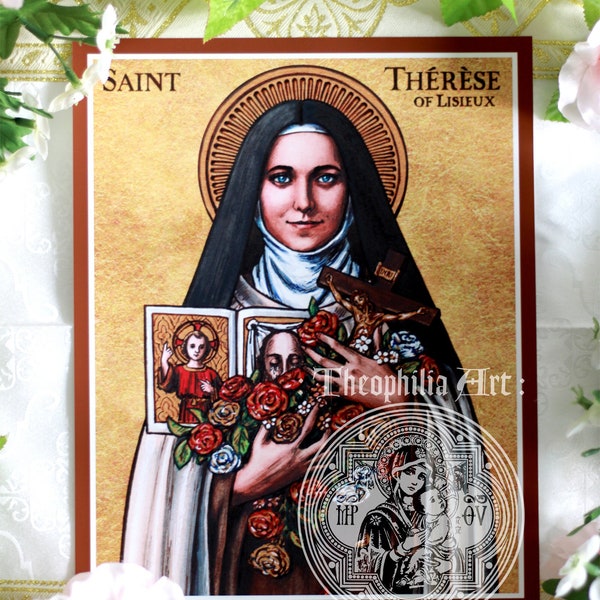 Saint Therese of Lisieux icon - Theophilia Catholic artwork art print - Doctor of the Church - Carmelite nun - Child Jesus and the Holy Face