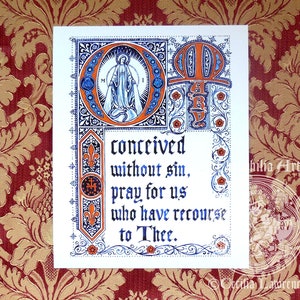 May include: A white background with a blue and orange decorative border. The center of the image features a blue and white illustration of the Virgin Mary. The text reads "conceived without sin, pray for us who have recourse to Thee."