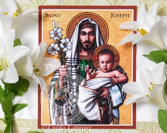 Może przedstawiać: Ikona religijna przedstawiająca Świętego Józefa trzymającego Dzieciątko Jezus. Ikona jest namalowana w tradycyjnym stylu ze złotymi akcentami i ma tło z lilii.