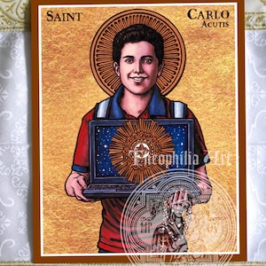 May include: A religious icon depicting Saint Carlo Acutis, a young man holding a laptop with a starry sky on the screen. The icon is painted in a traditional style with gold accents and a halo around the saint's head. The text "SAINT" and "CARLO ACUTIS" is written at the top of the icon.