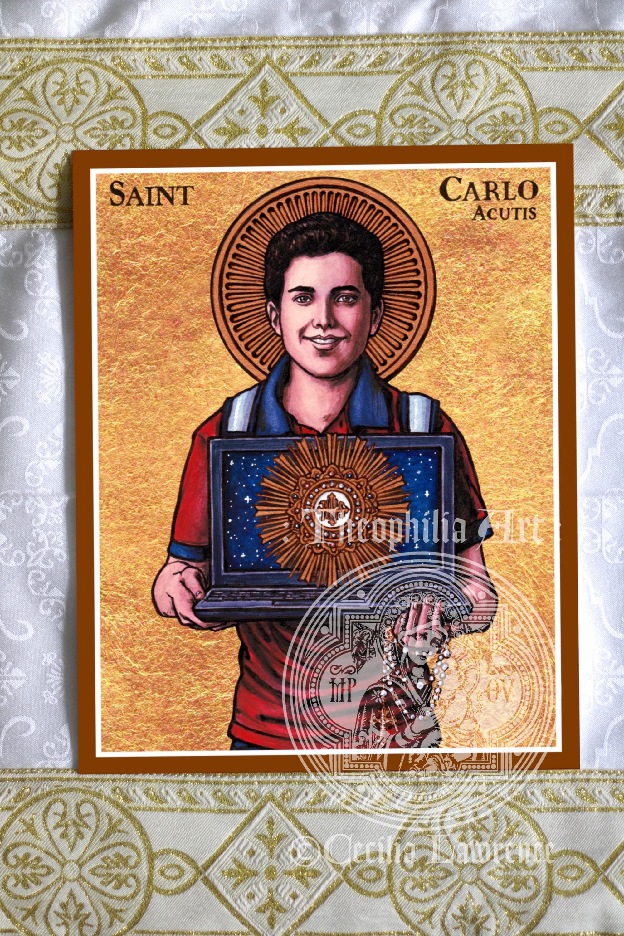 Saint Carlo Acutis icon - Theophilia Catholic artwork art print - patron of the youth - Millennial computer programmer - Eucharist