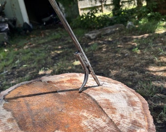 May include: A close-up of a metal hook with a sharp point, attached to a long metal rod. The hook is inserted into a tree stump.