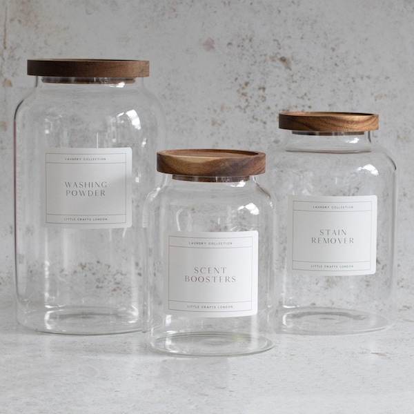 Set of 3 Acacia Large Laundry Jars | Six Stickers Included | Laundry Storage Jars | Softener, Detergent, Washing Powder, Scent Boosters