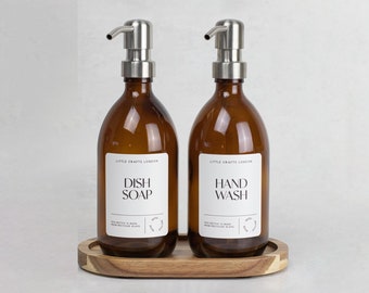 Set Of 2 Amber Glass Bottle 500 ML With Stainless Steel Pump & Small Tray (White Label) | Kitchen Decor | Bottle Set | Tidy Sink