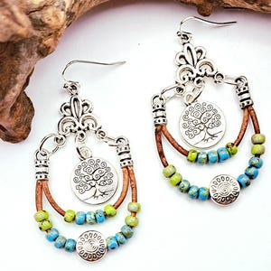 Tree of Life Earrings – Beaded Leather Hoops, Bohemian Style, Antique Silver Charms