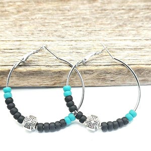 Chosen 5&2 Beaded Hoop Earrings,  Chosen Inspired Five Loaves 2 Fish Earrings, Chosen Christian Cross Earrings