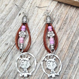Leather Baby Charm Earrings, Pink Seed Beads, Silver Flower Charms, Boho Maternity Gift