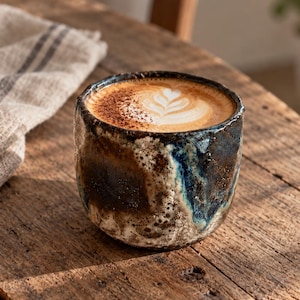 May include: A ceramic mug with a textured, uneven rim and a mottled glaze featuring deep blue, brown, and cream tones. The mug is filled with a coffee beverage topped with a white foam heart design and a light dusting of brown cocoa powder.