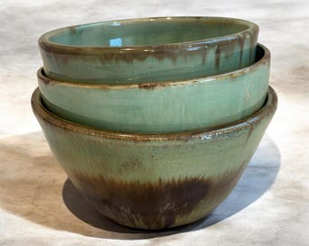 Set of 3 Wheel Thrown Stoneware Bowls | Wabi Sabi Artisan Kitchen Decor